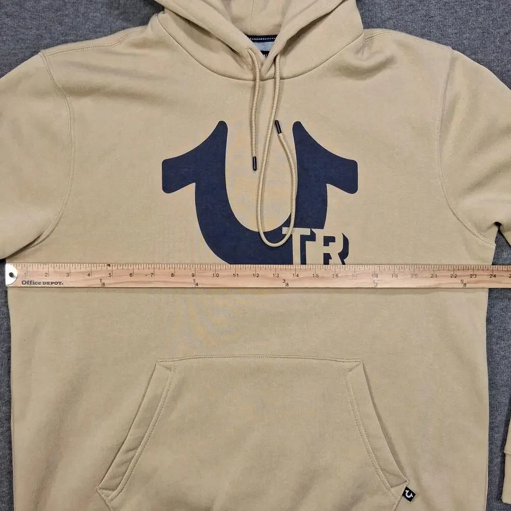 True Religion Hoodie Mens XL Beige Pullover Fleece Horseshoe Logo Sweatshirt
